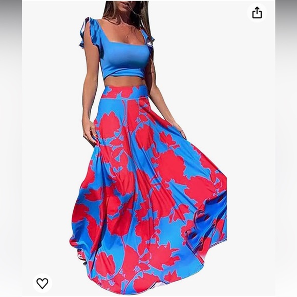 Vakkest Dresses & Skirts - VCAY Floral Print Flutter Sleeve Crop Top & Boho Tropical Long Skirt